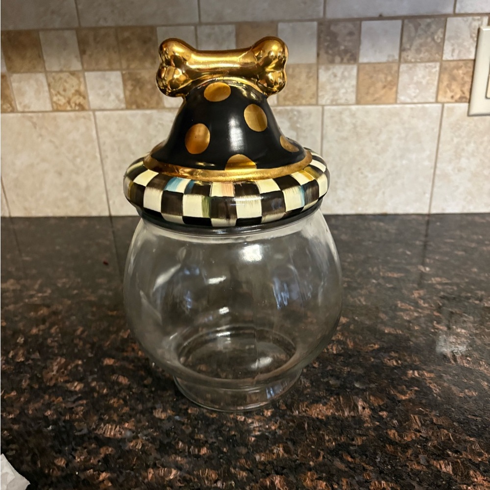 MacKenzie-Childs Gold and Black Checkered Jar with Bone Lid
